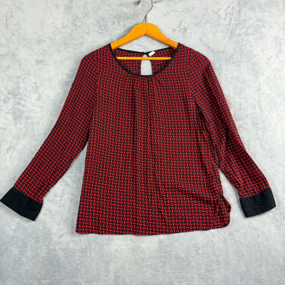 Old Navy Womens Small Petite Red Black Blouse Geometric Long Sleeve Office Siren